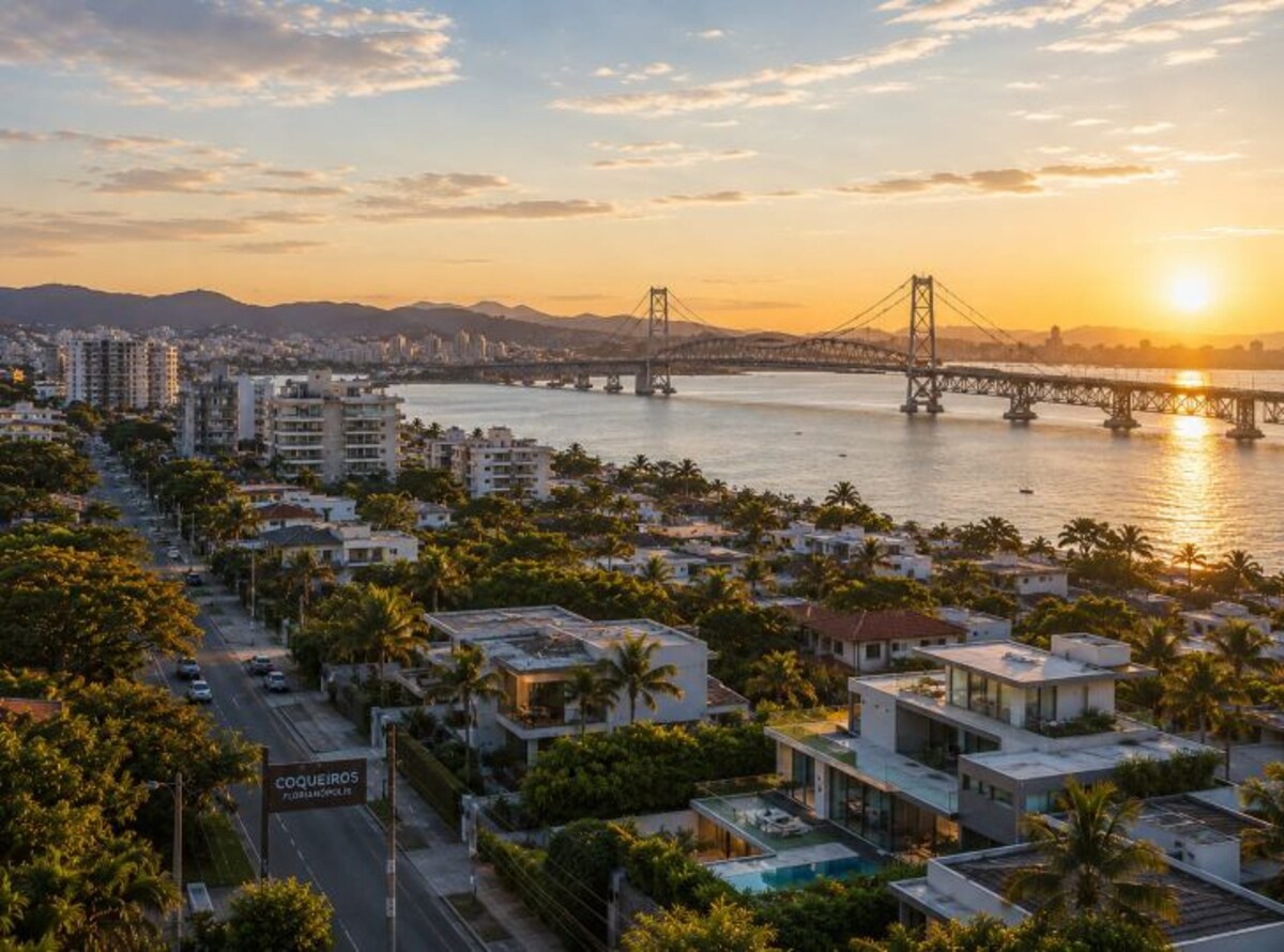 Continente — Festland von Florianópolis mit Ponte Hercílio Luz im Abendlicht.